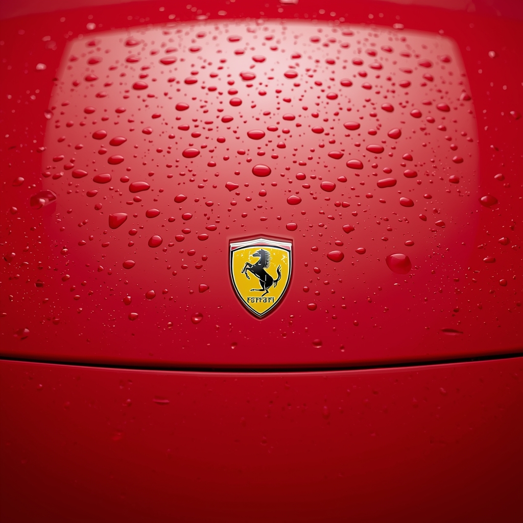 macro shot of ceramic coating application on a red ferrari hood, water beading effect, ultra realistic 4k